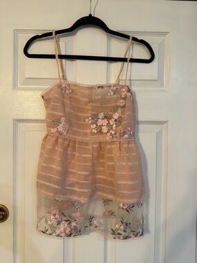 POL Pink Floral Embroidered Mesh Peplum Cami
